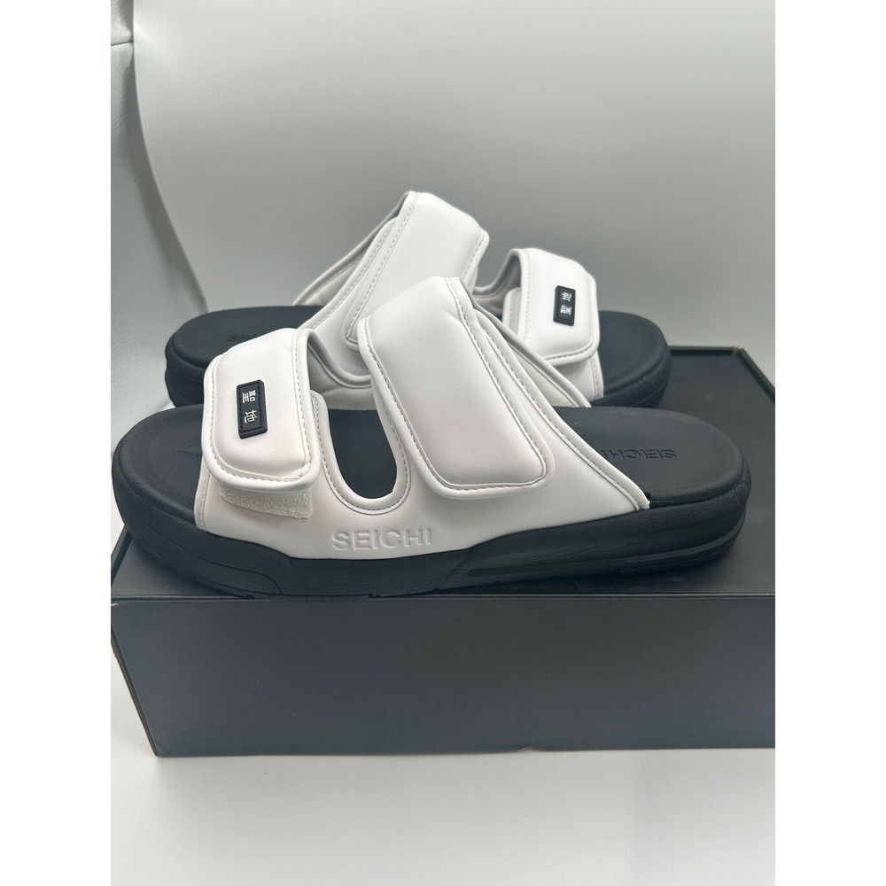 Seichi Senko Sandals,White Black Two Strap Slides,Men's Size 12,New w/ Defects - Picture 10 of 16